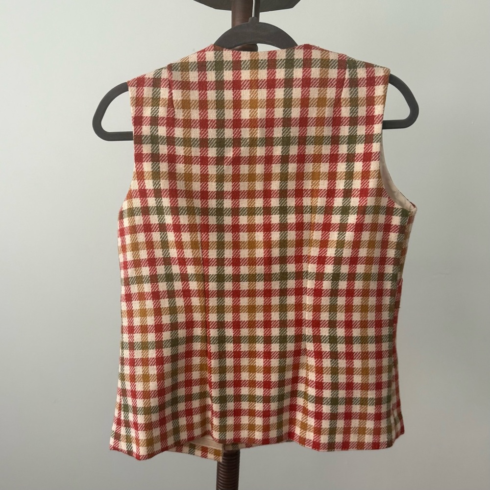 Vintage Plaid Wool Vest Shirt Gold Buttons Overlap Front Sleeveless Sz M - Picture 5 of 9